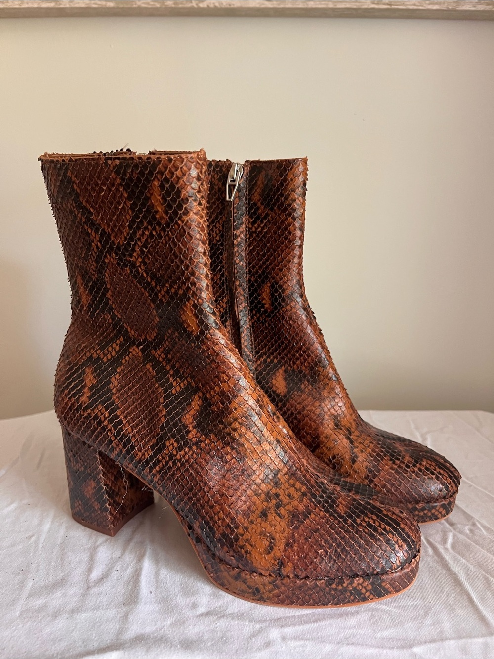Dolce Vita Brown Snake-Print Block Heel Ankle Boots